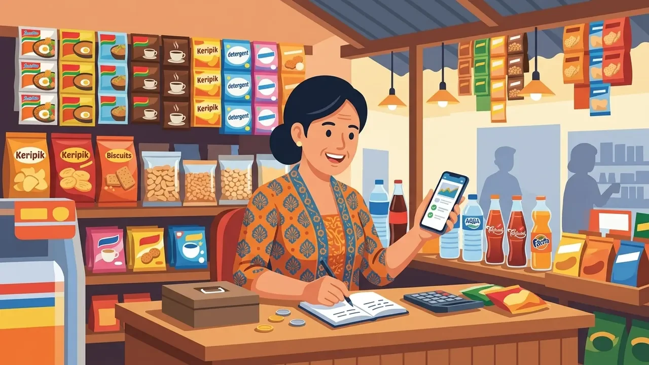 Ilustrasi pemilik warung mencatat penjualan harian di buku catatan sambil memegang ponsel di meja kasir sederhana