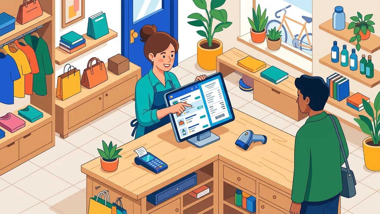Ilustrasi pemilik toko menggunakan aplikasi kasir di tablet untuk melayani transaksi