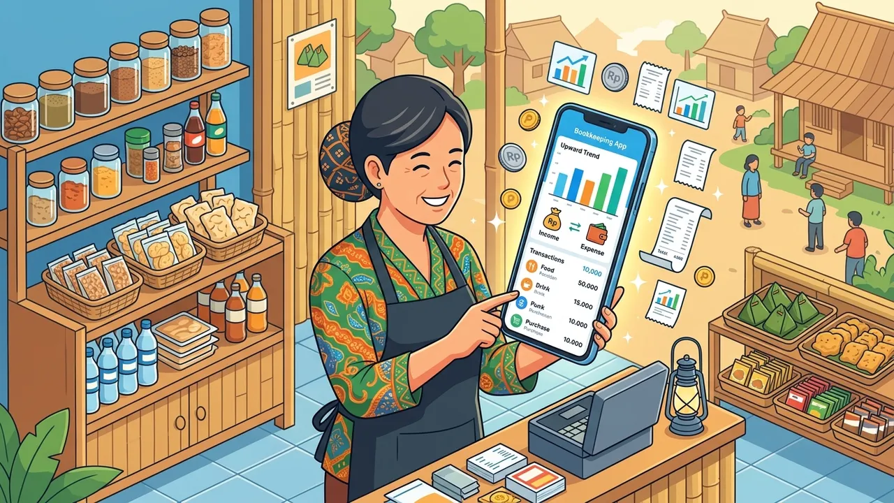 Ilustrasi pemilik usaha kecil mencatat keuangan lewat aplikasi di ponsel