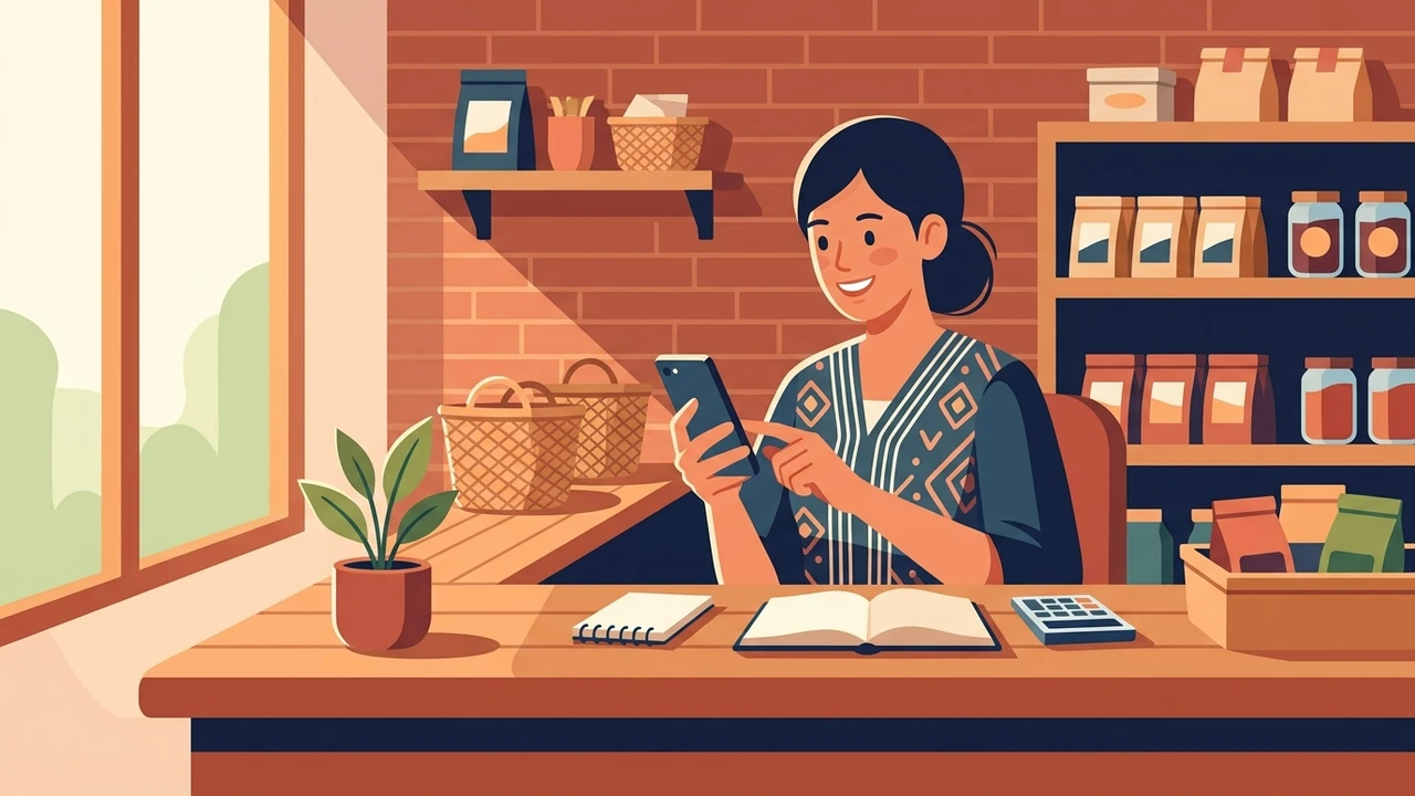 Ilustrasi pemilik usaha kecil mencatat penjualan harian lewat aplikasi di ponsel dekat meja kasir