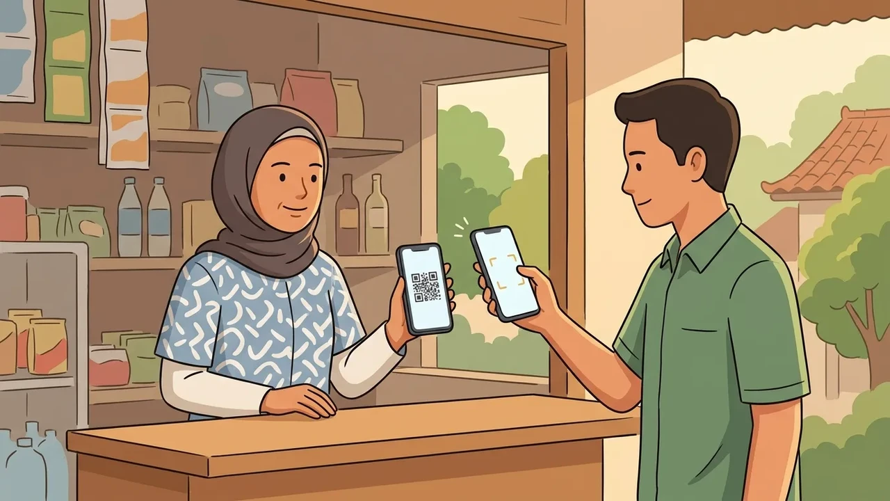 Ilustrasi pedagang kecil menerima pembayaran QRIS lewat ponsel di kiosnya