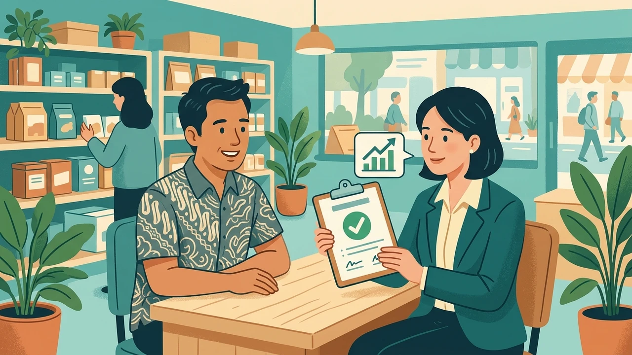 Ilustrasi pemilik warung kecil mengajukan KUR ke petugas bank di meja kasir usaha