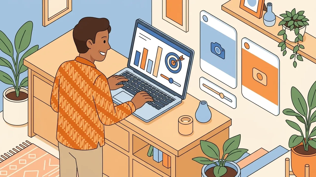 Ilustrasi pemilik usaha UMKM mengelola kampanye iklan berbayar di dashboard laptop