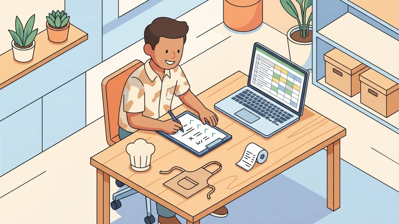 Ilustrasi pemilik usaha menyusun deskripsi tugas karyawan di spreadsheet