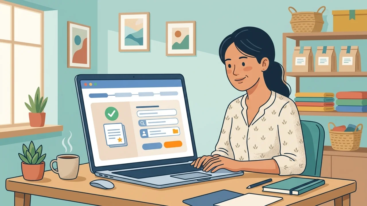 Ilustrasi pemilik usaha kecil mengurus pendaftaran NIB lewat laptop di meja kerja toko