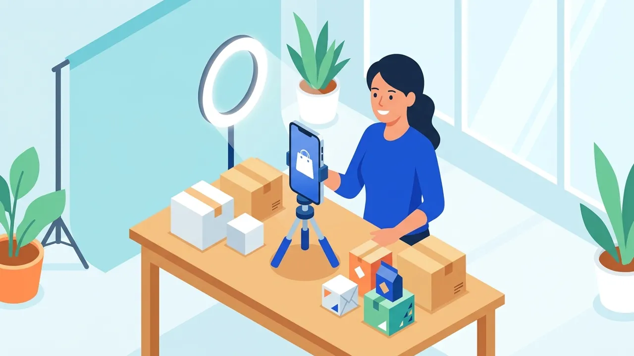 Ilustrasi pemilik usaha UMKM merekam video produk vertikal dengan ponsel untuk jualan online