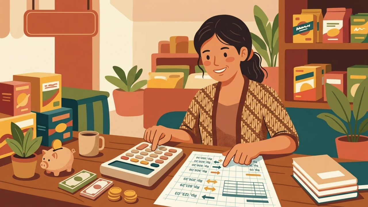 Ilustrasi pemilik warung menghitung kemampuan cicilan usaha dengan kalkulator dan kertas catatan keuangan