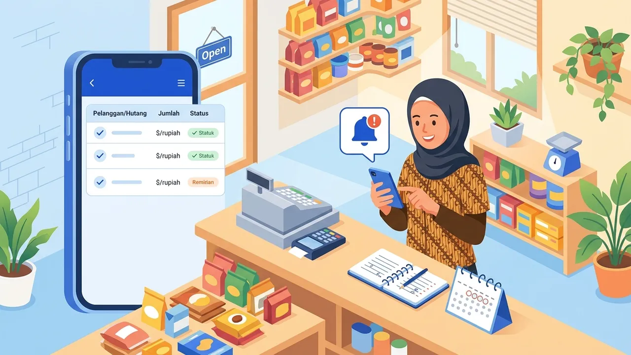 Ilustrasi pemilik usaha mencatat utang piutang pelanggan lewat aplikasi di ponsel