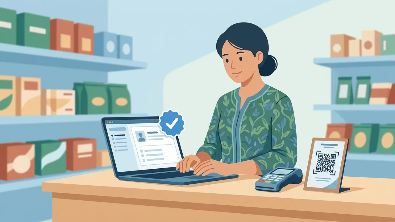 Ilustrasi pemilik usaha kecil memeriksa aplikasi pembayaran di ponsel dengan laptop menampilkan situs pemerintah di meja kasir