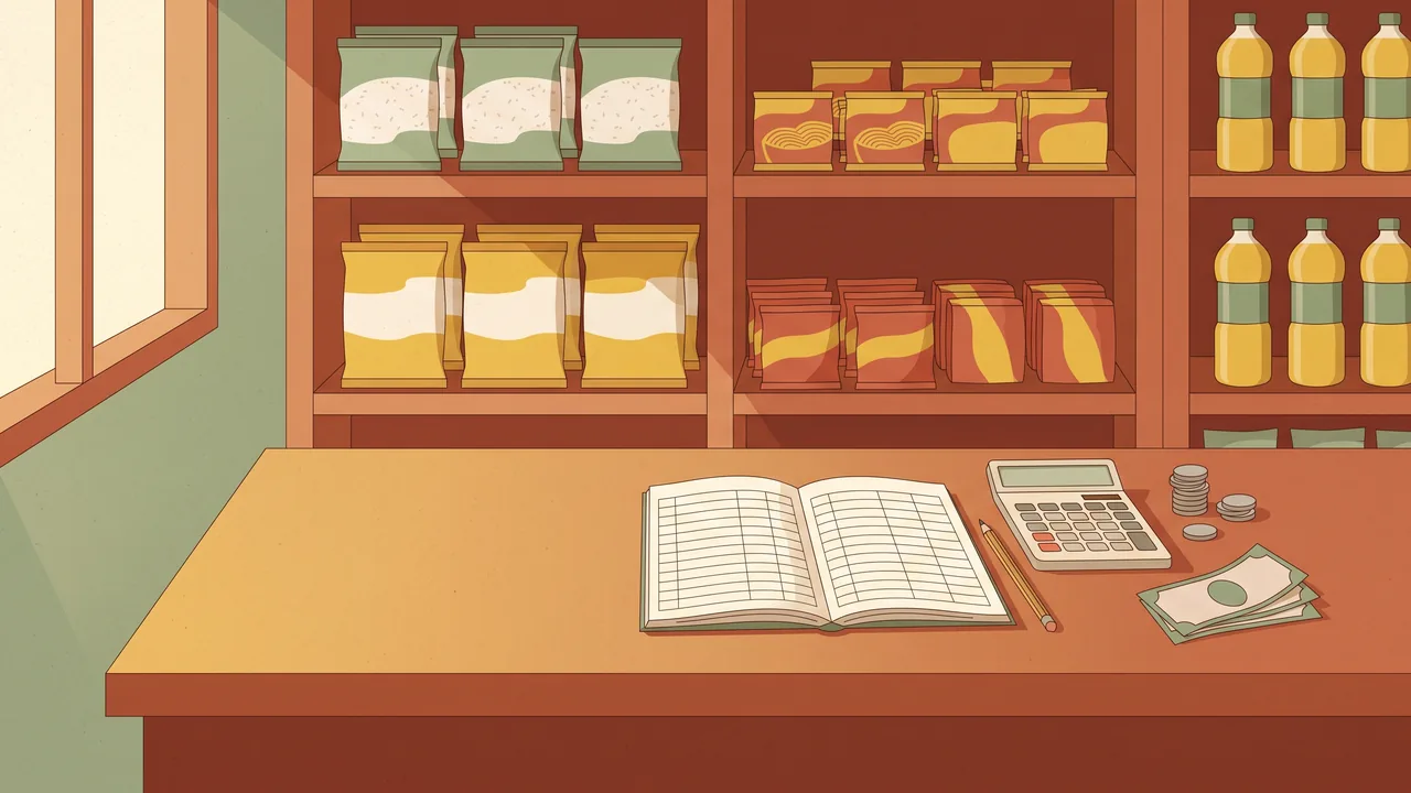 Ilustrasi meja kasir warung dengan buku catatan laba rugi, kalkulator, dan uang tunai, rak sembako di belakangnya