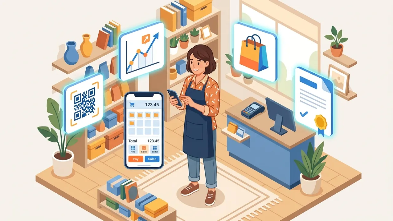 Ilustrasi pemilik usaha kecil memakai aplikasi kasir, QRIS, dan pembukuan digital di ponsel