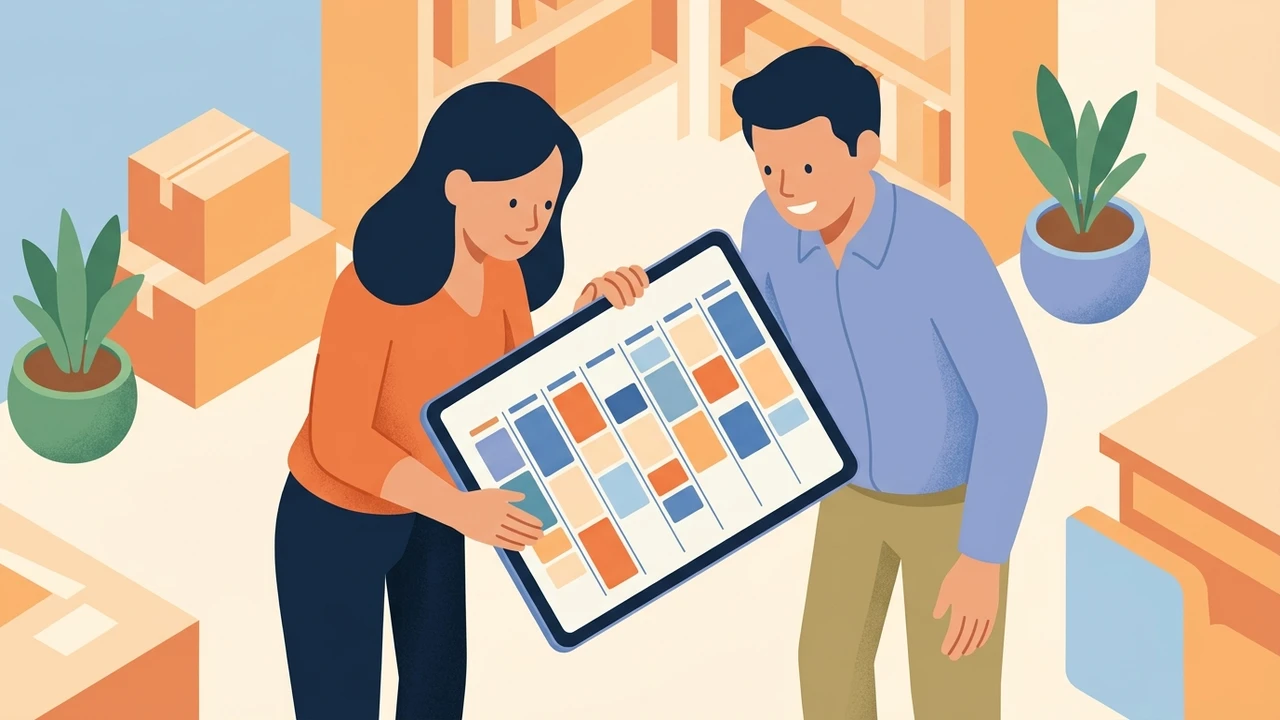 Ilustrasi pemilik usaha dan karyawan melihat jadwal shift mingguan berwarna di tablet