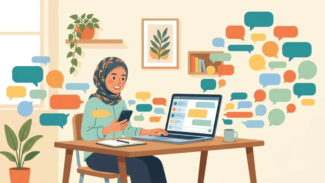 Ilustrasi pemilik usaha UMKM mengelola pesan dari beberapa aplikasi chat sekaligus di ponsel dan laptop
