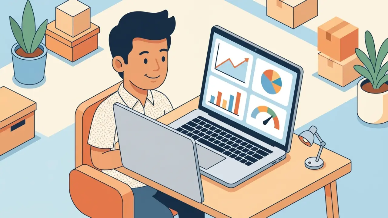 Ilustrasi pemilik usaha kecil memantau dashboard KPI sederhana di laptop