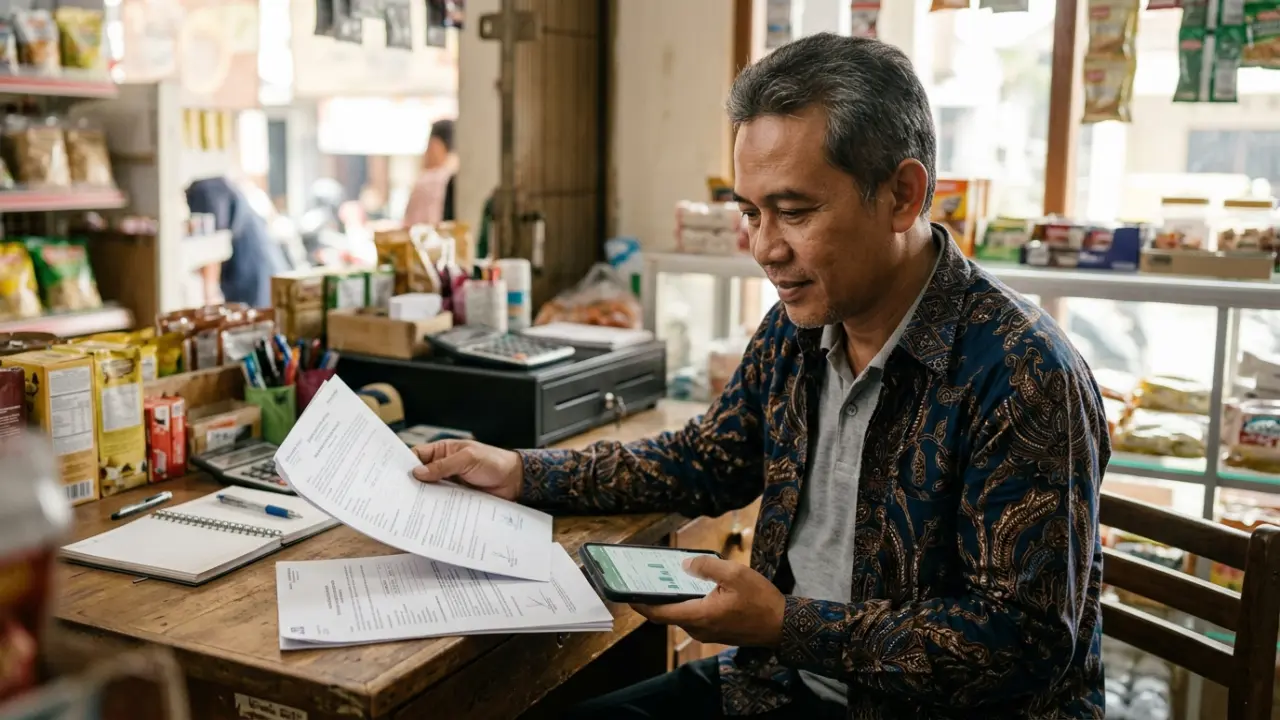 Ilustrasi pemilik usaha kecil membaca dokumen kredit bank sambil membandingkan dengan syarat KUR