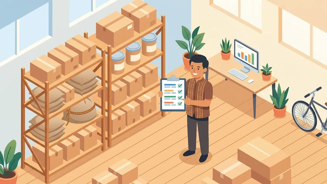Ilustrasi pemilik toko memeriksa stok barang lewat aplikasi di tablet dekat rak gudang