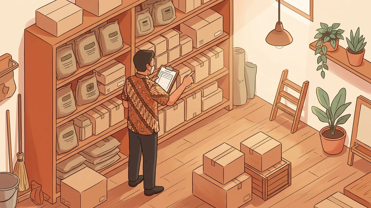 Ilustrasi stock opname bulanan, menghitung fisik barang di rak dan mencocokkan dengan catatan stok