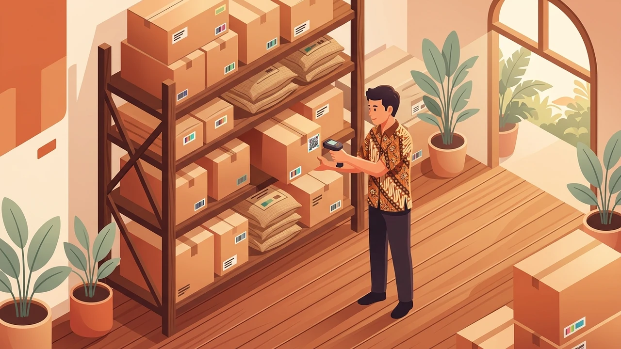 Ilustrasi petugas gudang memindai barcode di kardus sebelum barang keluar dari rak stok