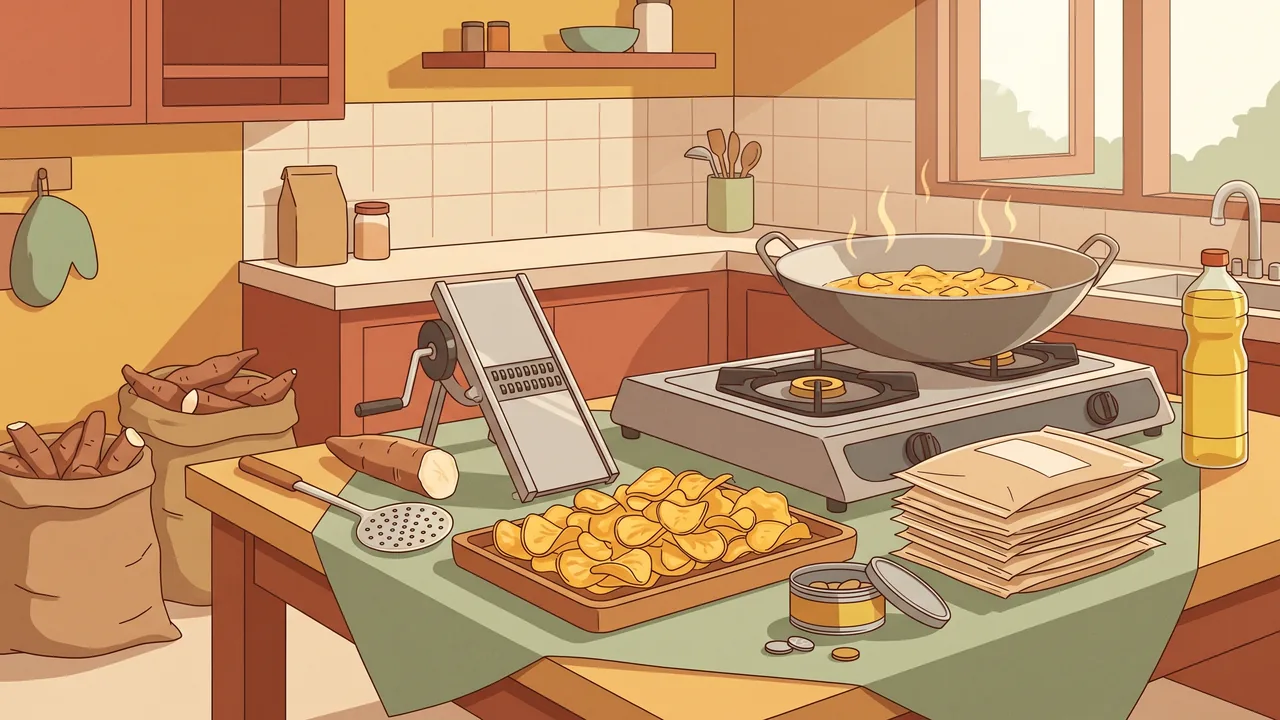 Ilustrasi dapur usaha keripik singkong dengan wajan, kompor, mesin perajang, dan kemasan siap jual, gambaran omzet, modal, dan aset usaha kecil