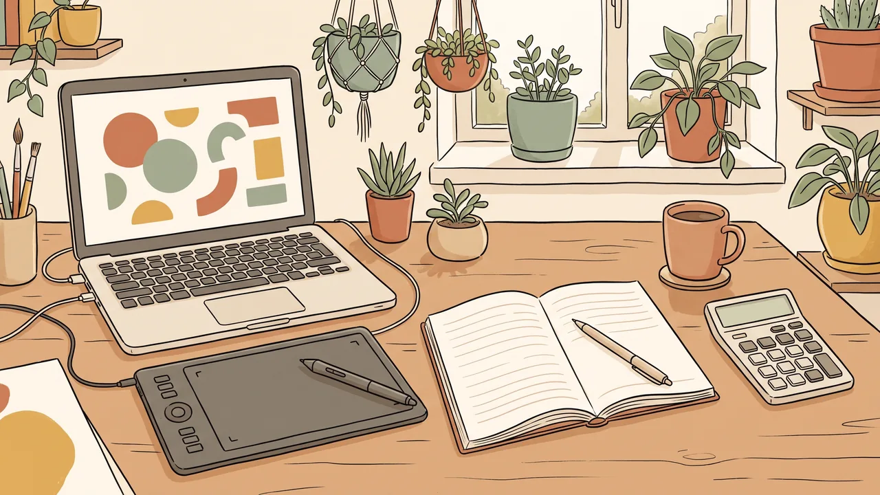 Meja kerja freelancer desain dengan laptop, pen tablet, dan kalkulator untuk menghitung pajak penghasilan