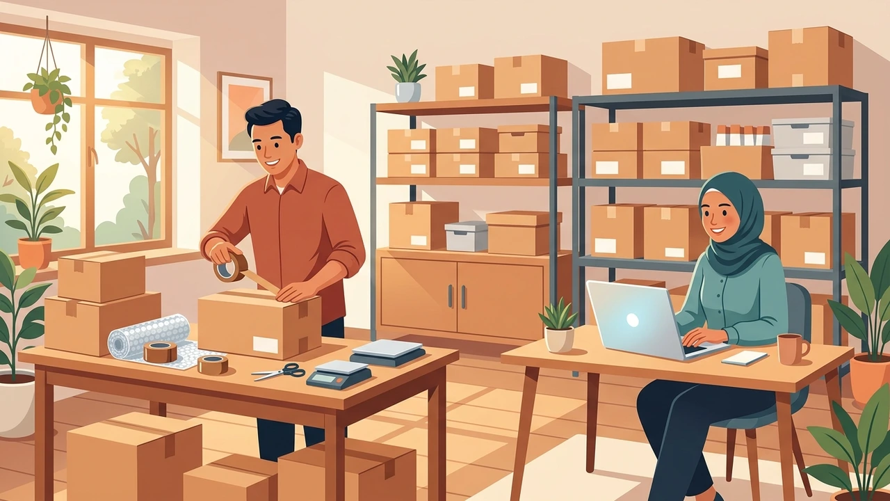 Ilustrasi tim kecil toko online UMKM mengemas pesanan dan membalas chat pelanggan di gudang rumahan
