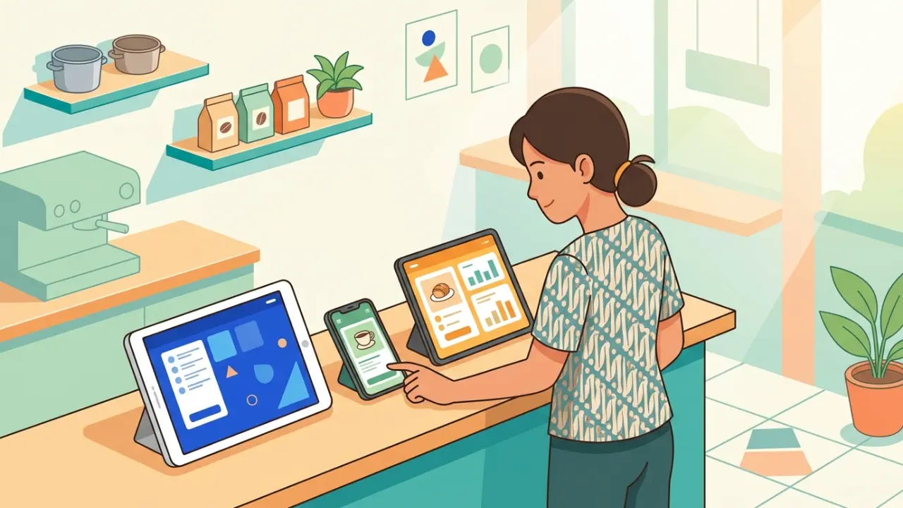Ilustrasi pemilik usaha membandingkan beberapa aplikasi kasir di layar tablet dan ponsel
