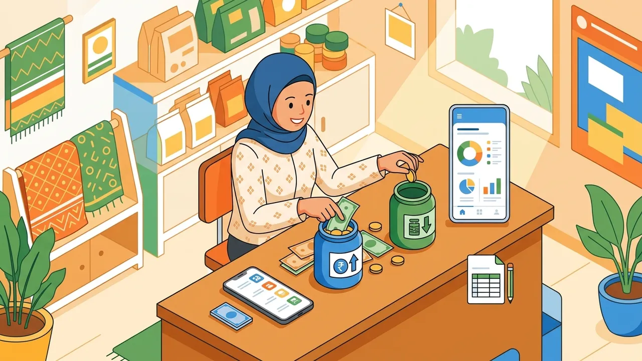 Ilustrasi pemilik usaha memisahkan uang tunai ke dua wadah berbeda dengan aplikasi keuangan di ponsel