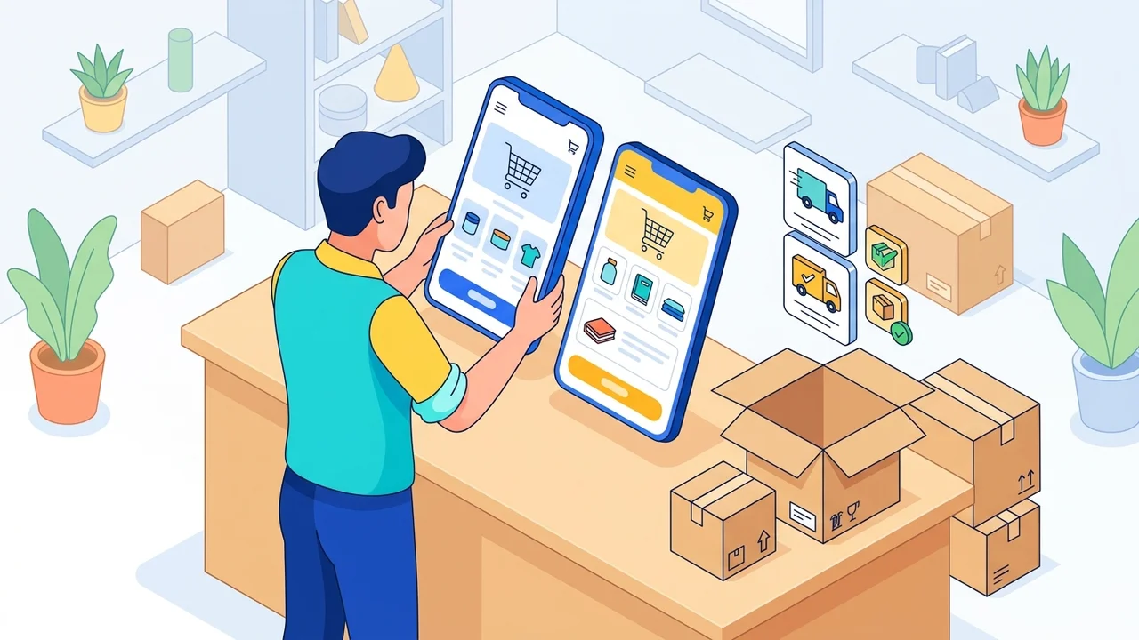 Ilustrasi pemilik usaha UMKM membandingkan dua aplikasi marketplace di layar ponsel