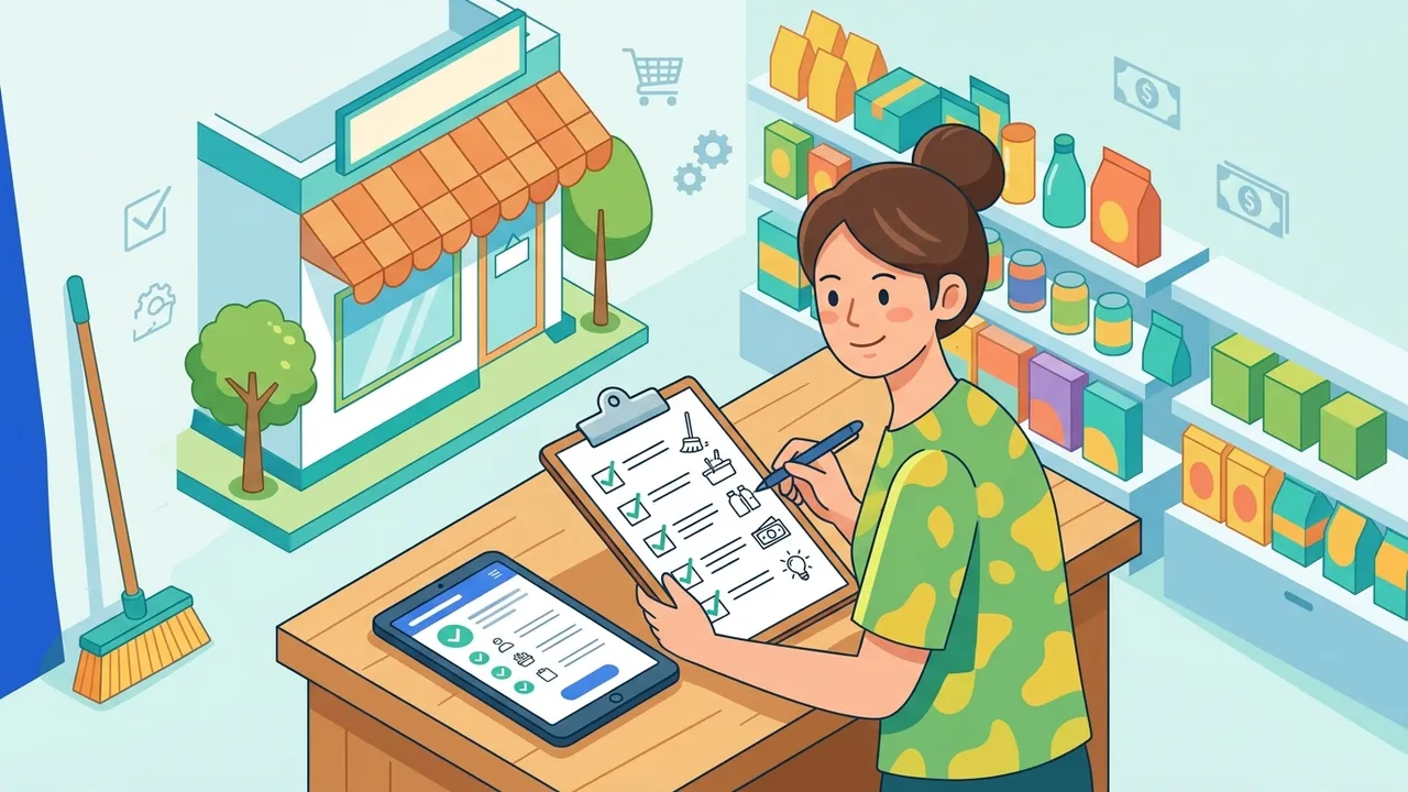 Ilustrasi pemilik usaha kecil memeriksa daftar periksa SOP di clipboard dan tablet