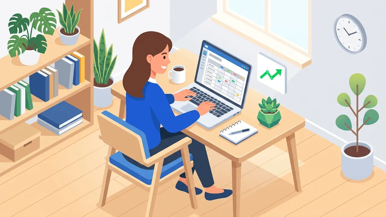 Ilustrasi pemilik usaha kecil mencatat kas dan menghitung untung di laptop lewat spreadsheet