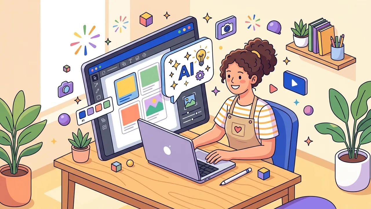 Ilustrasi pemilik usaha UMKM memakai laptop dengan ikon alat desain dan AI untuk konten promosi